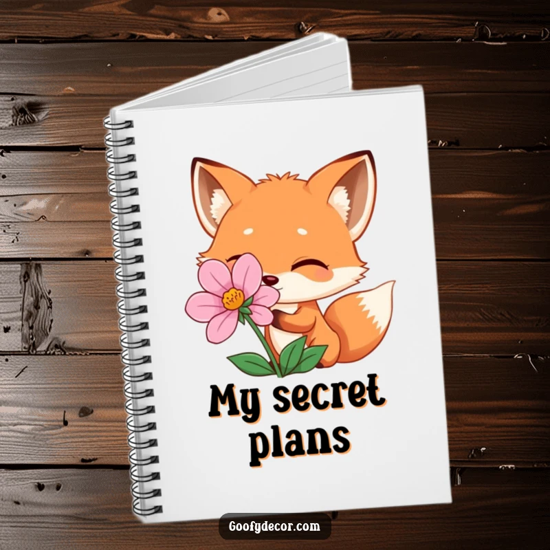 Funny winking fox peeking from behind a flower, on a notebook cover, perfect for journaling with a playful, funny spirit.