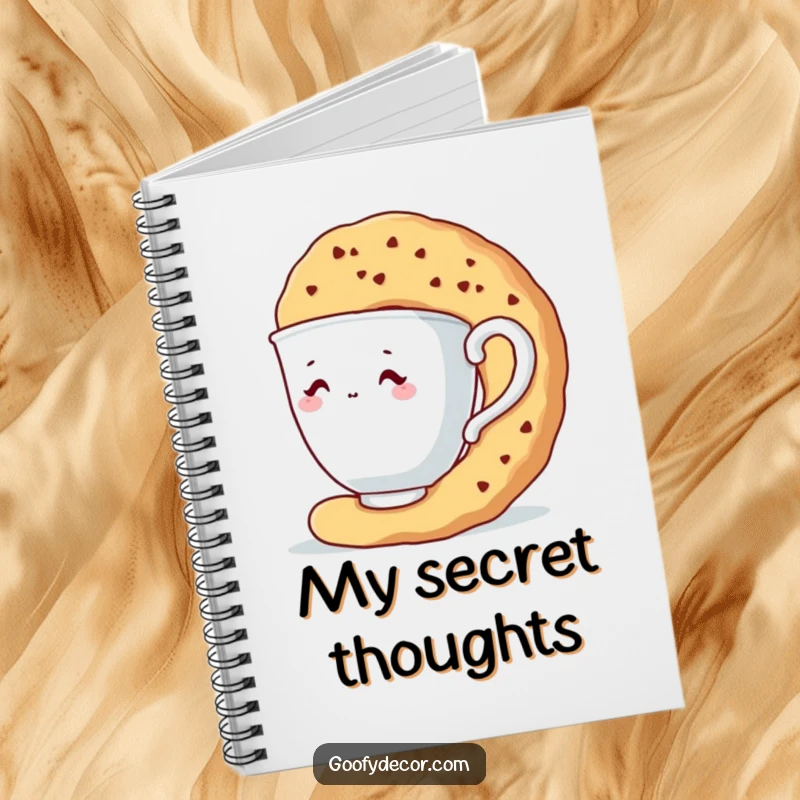 Funny notebook cover featuring a shy teacup character hiding behind a giant biscuit.