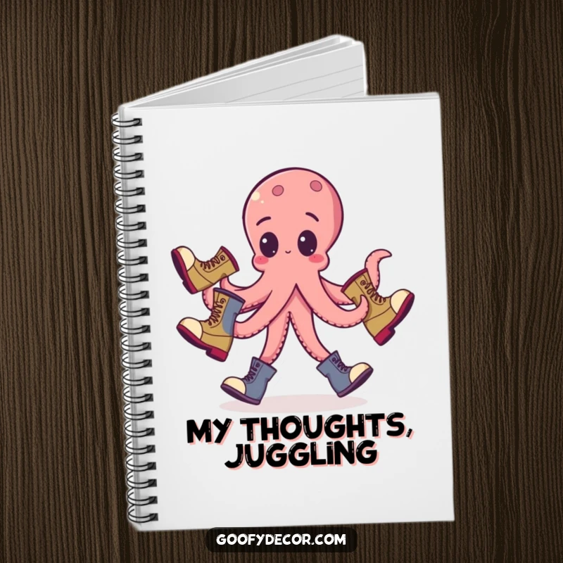 Funny octopus notebook featuring a goofy octopus juggling boots, perfect for notes and imaginative brainstorming.