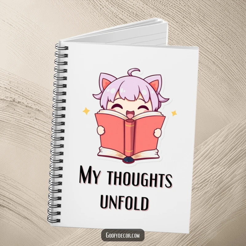 Funny notebook with a cute book character revealing a secret from its pages, perfect for writing and journaling.