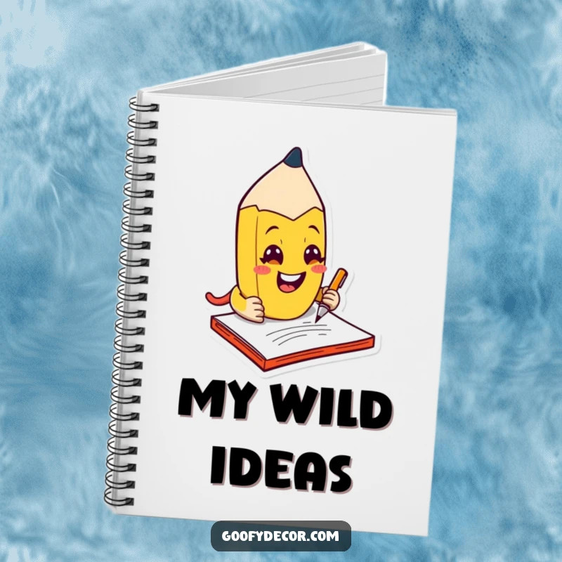 Funny kawaii mischievous pencil character scribbling with a grin, on a notebook cover, ready for creative notes.