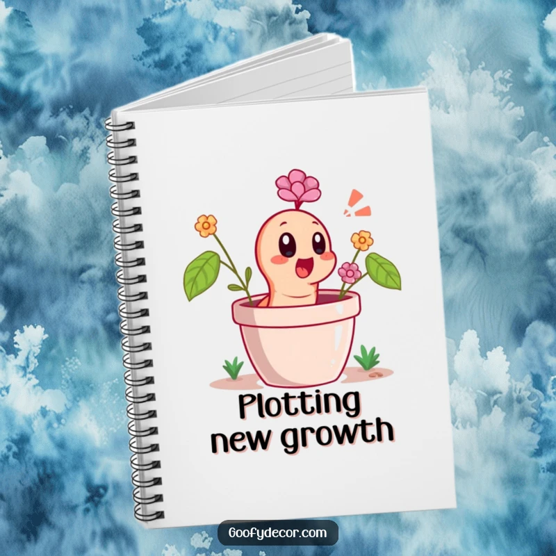 Funny Notebook featuring a cheerful worm character popping out of a flower pot with a surprised gasp, perfect for garden notes.