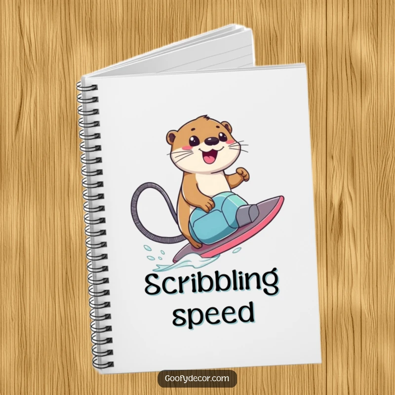 Funny Notebook featuring a smiling otter character riding a vacuum cleaner like a surfboard, perfect for jotting down ideas.