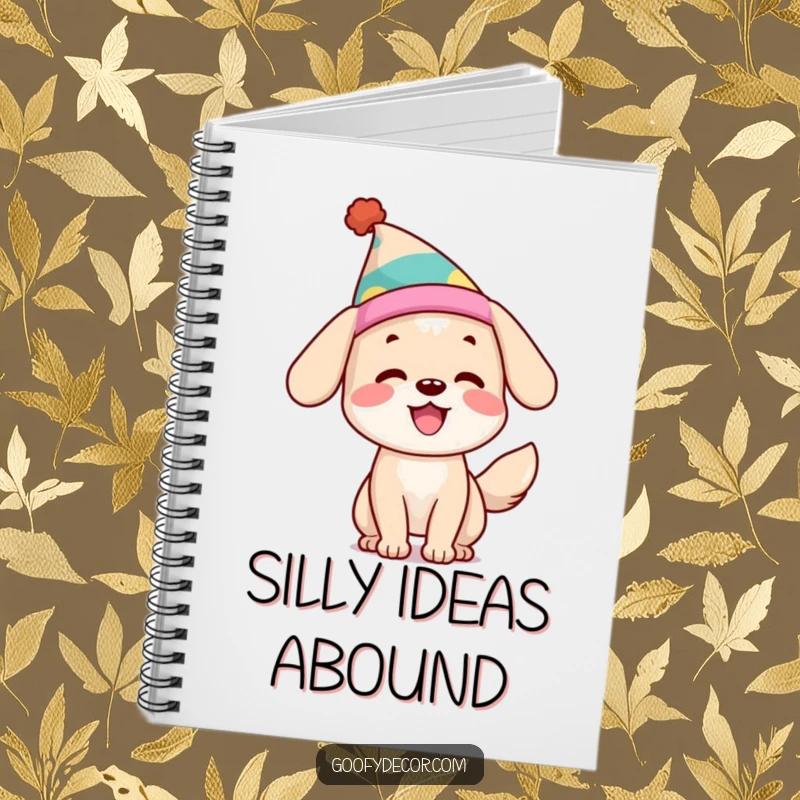 Funny Dog Notebook: Features a happy dog with a wagging tail and a silly hat, ideal for note-taking and journaling.