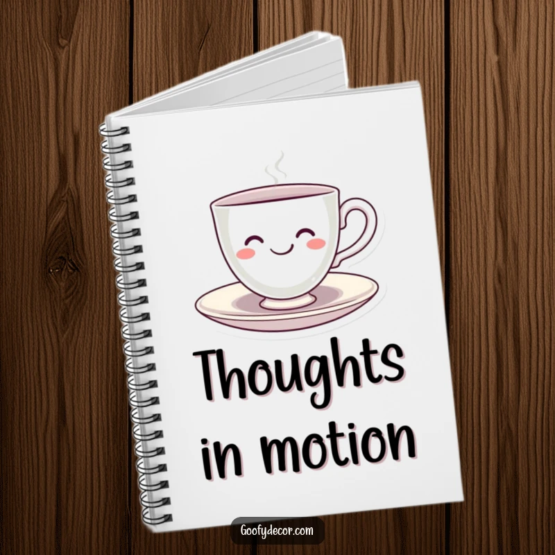 Funny Kawaii Teacup Notebook with a cover featuring a smiling kawaii teacup character happily spinning on its saucer, inspiring creativity and joy.