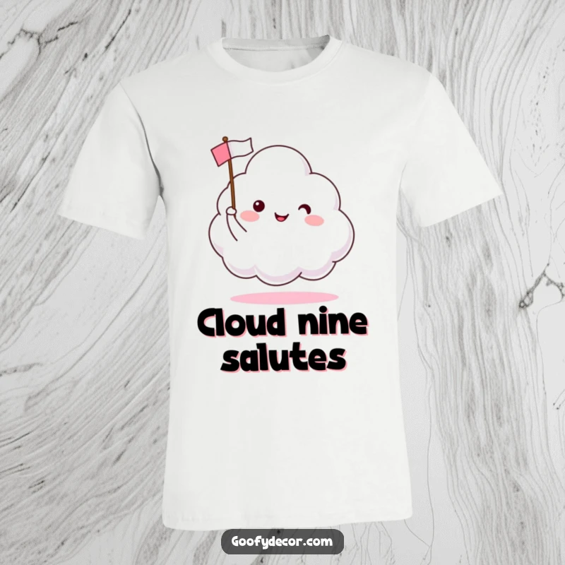 Funny t-shirt design of a happy cloud character cheerfully waving a tiny flag, radiating pure, unadulterated happiness.