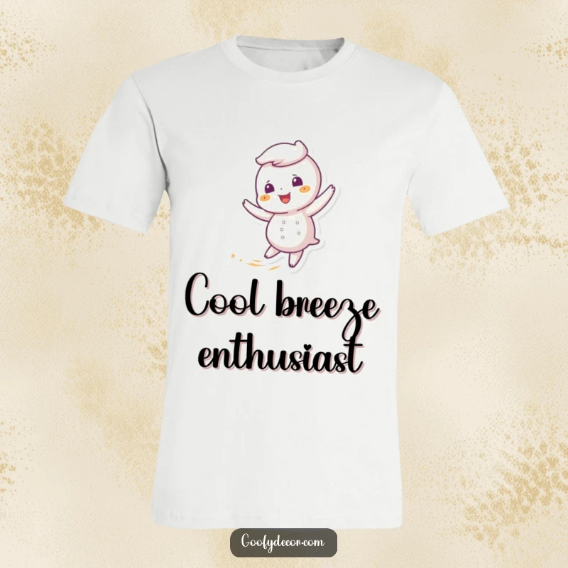 Funny t-shirt with a giggling snowflake character joyfully twirling in a soft breeze, perfect for winter humor.
