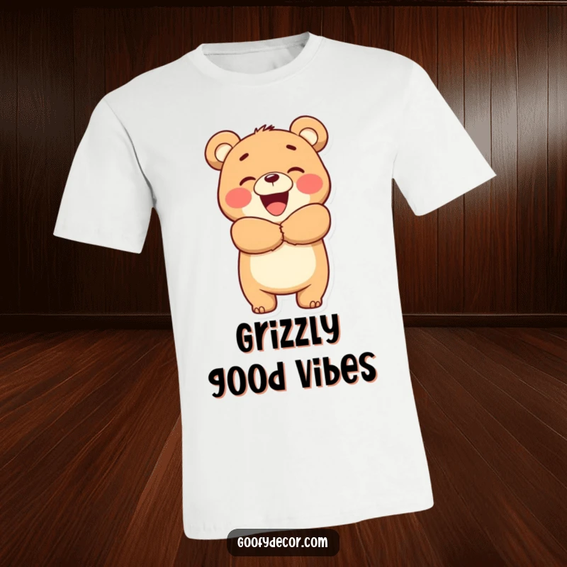 Funny Bear Hug T-Shirt: A cheerful bear with a wide smile enthusiastically gives a big, welcoming hug.