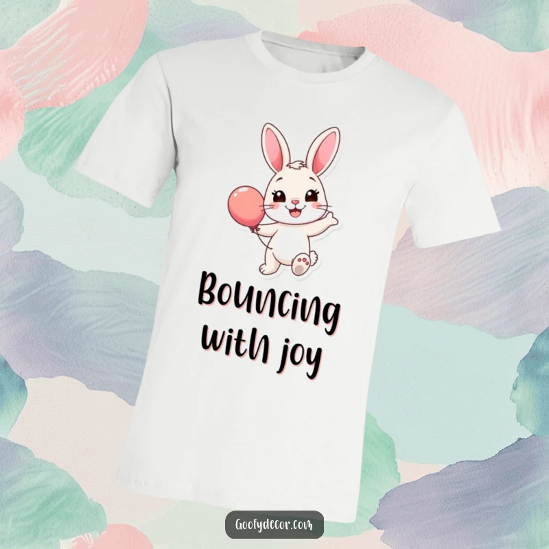 Funny Bunny Balloon T-Shirt: A smiling bunny joyfully bounces a colorful balloon, embodying pure, playful delight.
