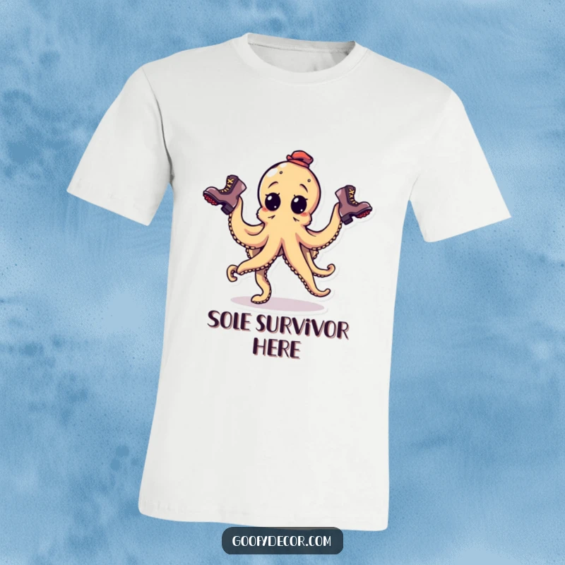 Funny goofy octopus character juggling three mismatched boots on a t-shirt, showcasing playful chaos.
