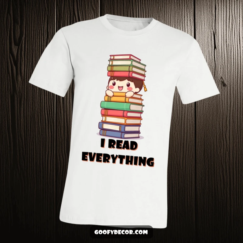 Funny happy character t-shirt, humorously balancing a precarious tower of books, conveying a joyful obsession with reading.