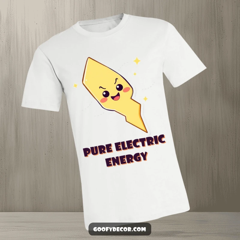 Funny lightning bolt character with mischievous grin zig-zagging across a t-shirt, showcasing electrifying energy and playful mischief.