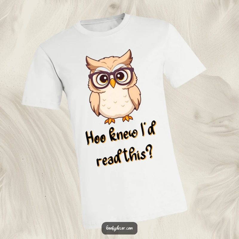 Funny owl t-shirt of a determined character with reading glasses looking surprised, great for intellectuals.