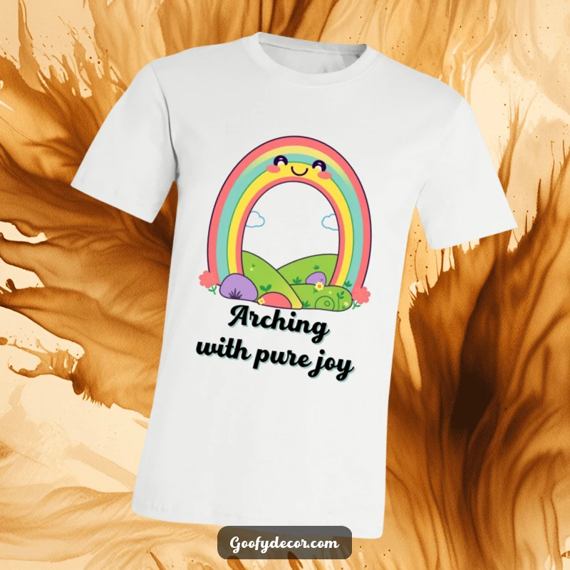 Funny playful rainbow t-shirt featuring a smiling rainbow character arching over a happy landscape, radiating positivity and good vibes.