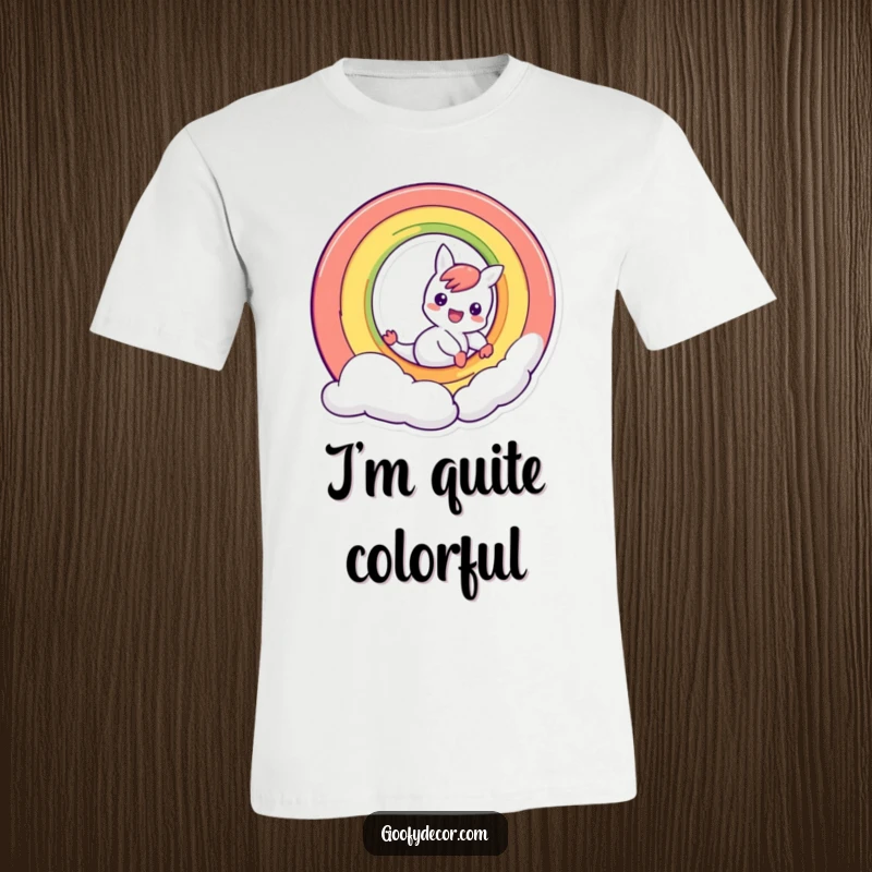 Funny mischievous rainbow character sliding down its own arc, on a t-shirt, perfect for playful individuals.