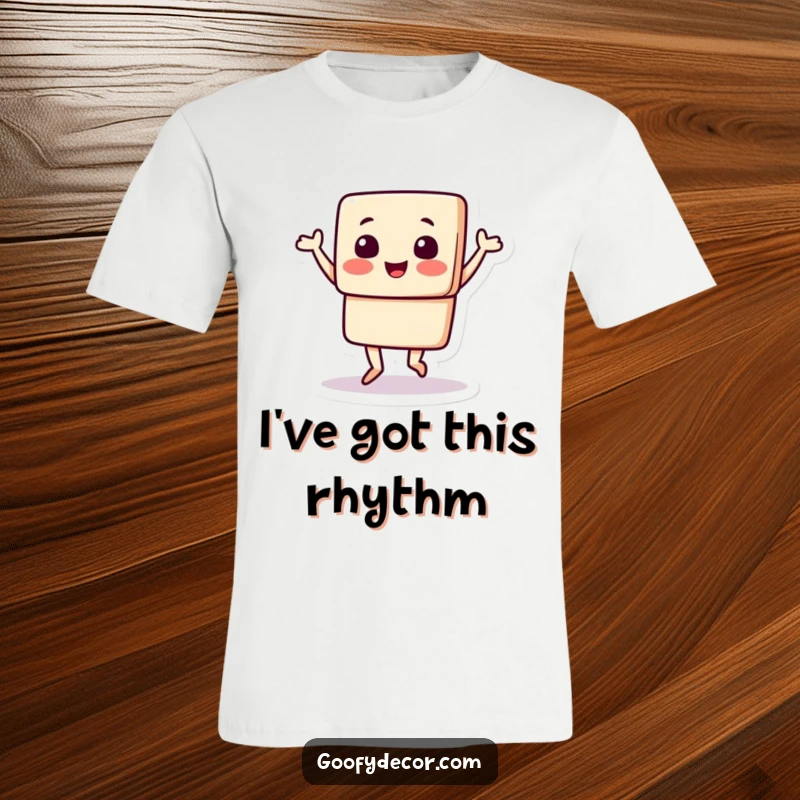 Funny t-shirt illustrating a square character enthusiastically performing a happy jig, suggesting boundless joy and dynamic, comical movement.