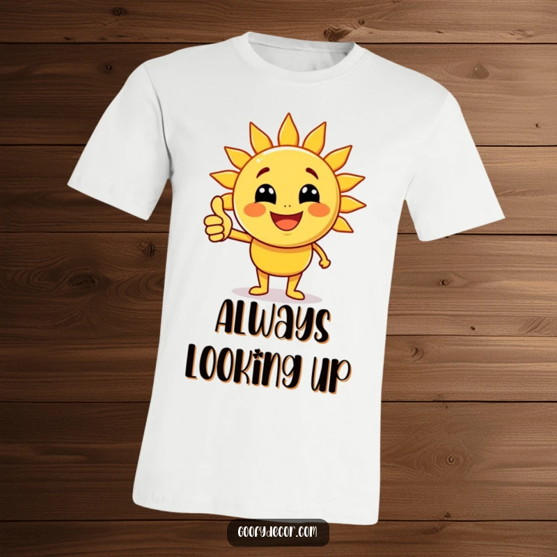 Funny joyful sun character with beaming rays giving a thumbs up on a t-shirt, spreading positive energy and warmth.