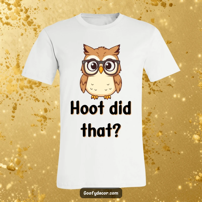 Funny owl character wearing reading glasses, looking surprised while reading a book on a t-shirt, humorous intellectual gift.