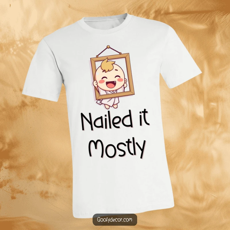 Funny t-shirt showing a delighted character hilariously failing to hang a crooked picture, a funny and relatable decorating moment.