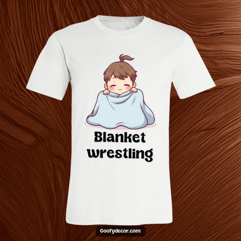 Funny t-shirt with a playful character hilariously trying to fold a giant blanket, a funny and relatable household scene.