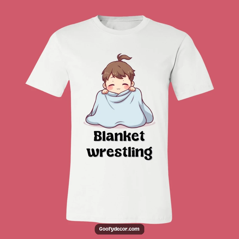 Funny T-Shirt: Playful Character Folds Giant Blanket Hilariously
