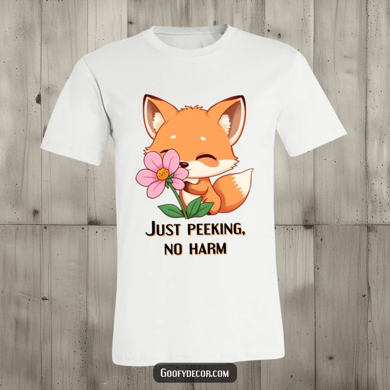 Funny winking fox peeking mischievously from behind a flower, printed on a comfortable t-shirt, a great funny gift idea.