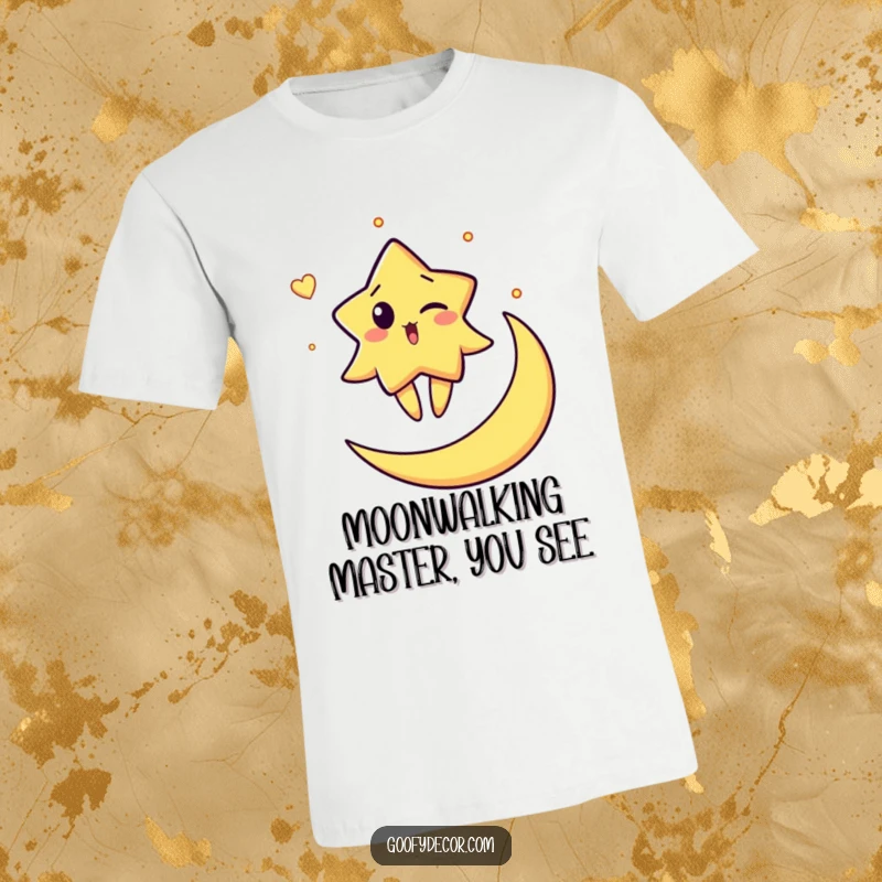 Funny t-shirt with a surprised star character winking and balancing on a crescent moon, embodying playful celestial energy and humor.