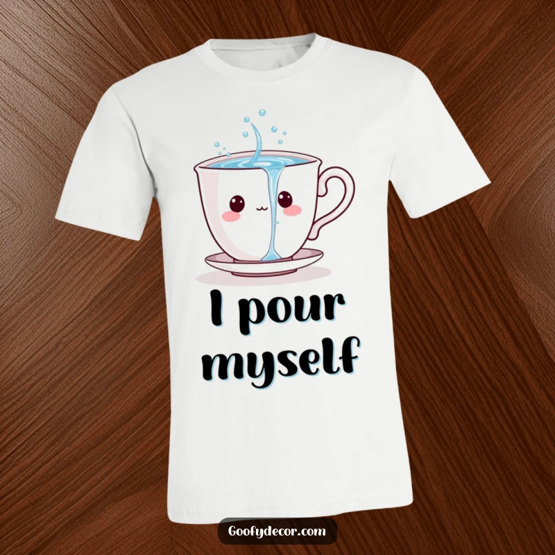 Playful teacup character merrily pouring sparkling water on itself, featured on a t-shirt.