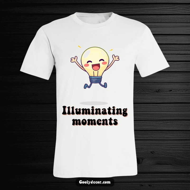 Funny kawaii lightbulb character with a glowing light, captured mid-leap with excitement, on a t-shirt.