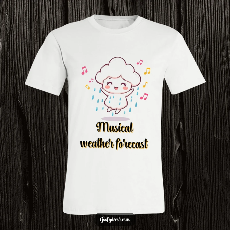 Funny dancing rain cloud t-shirt featuring a joyous cloud character grooving to music with notes floating around. Great for concerts or casual wear.