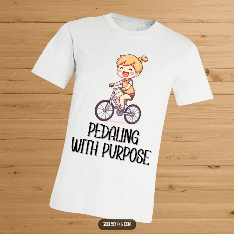 Funny Small Bicycle T-Shirt depicting a joyful character hilariously pedaling a bicycle that is disproportionately tiny.