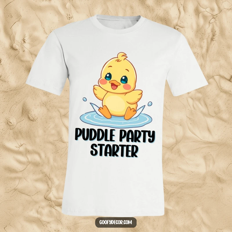 Funny cheerful duckling happily splashing in a puddle on a t-shirt, embodying pure joy and fun.