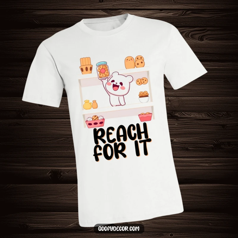 Funny t-shirt with a cheerful character comically reaching for a cookie jar on a high shelf, a funny snack-themed design.
