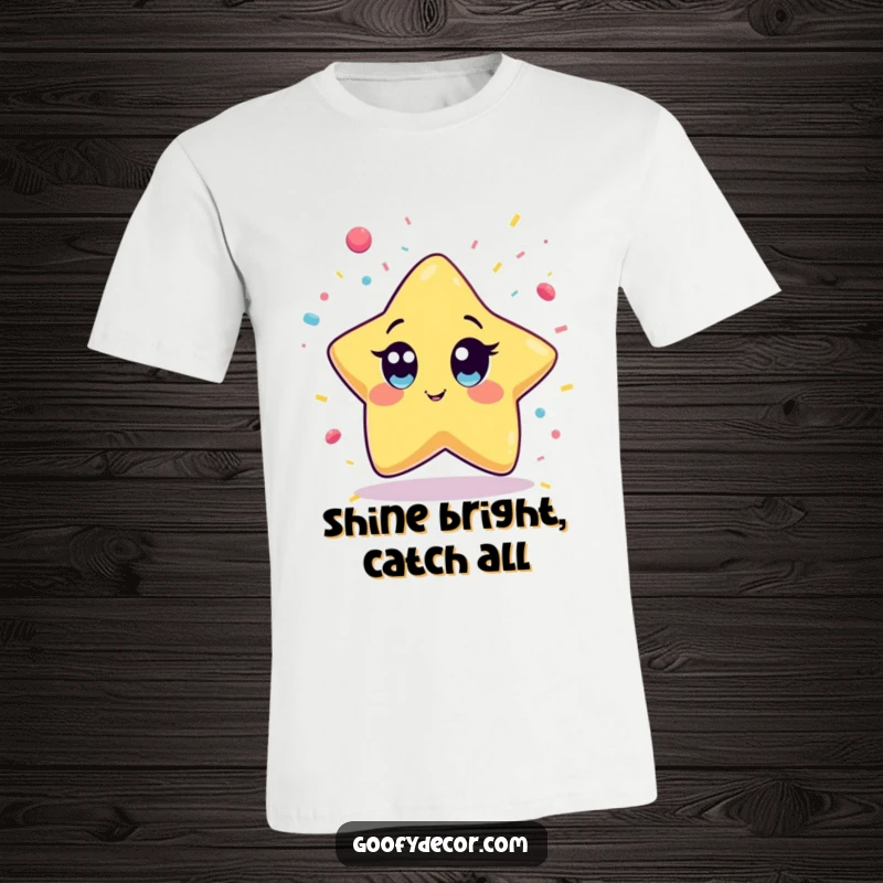 Funny Kawaii Star T-Shirt showing a wide-eyed kawaii star character playfully reaching for falling confetti, embodying excitement and fun.