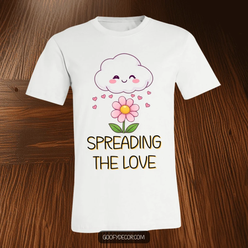 Funny t-shirt with a smiling cloud character showering a happy flower with tiny, falling heart shapes.