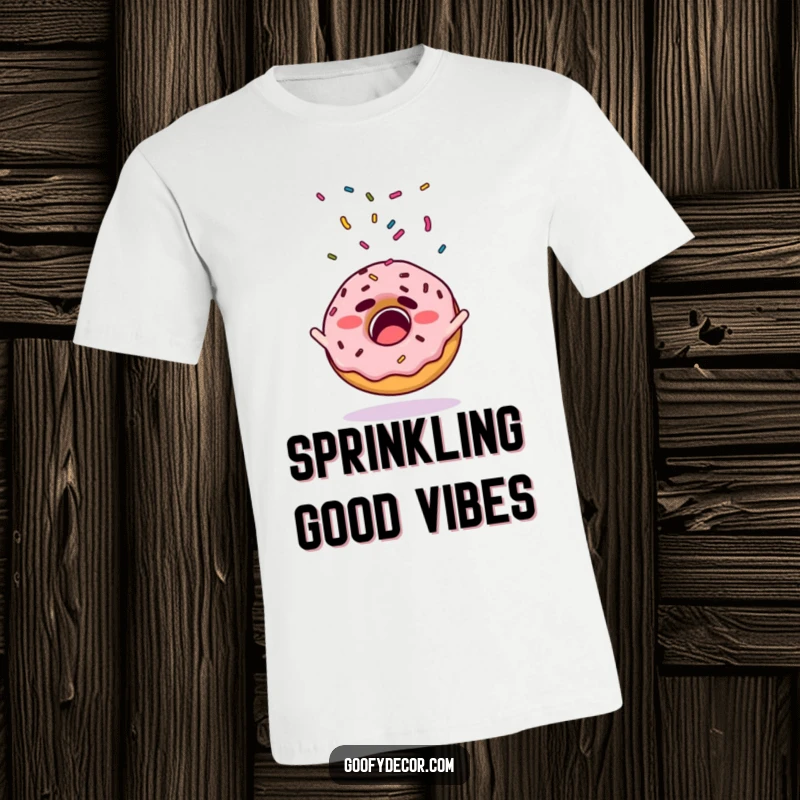 Funny t-shirt print of a startled donut character with sprinkles erupting into the air.