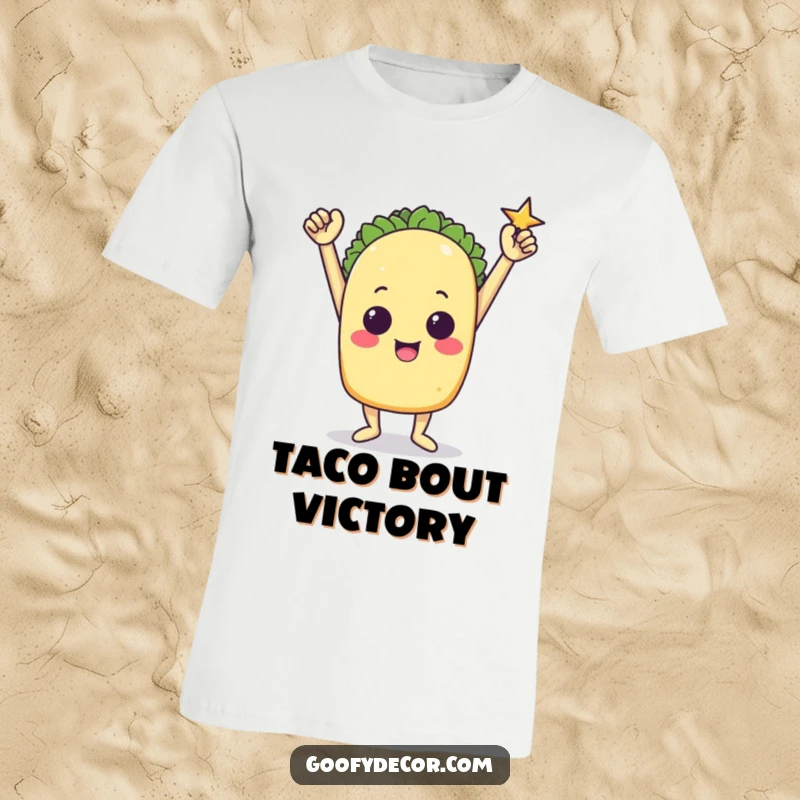 Funny t-shirt print of a triumphant taco character striking a confident victory pose.