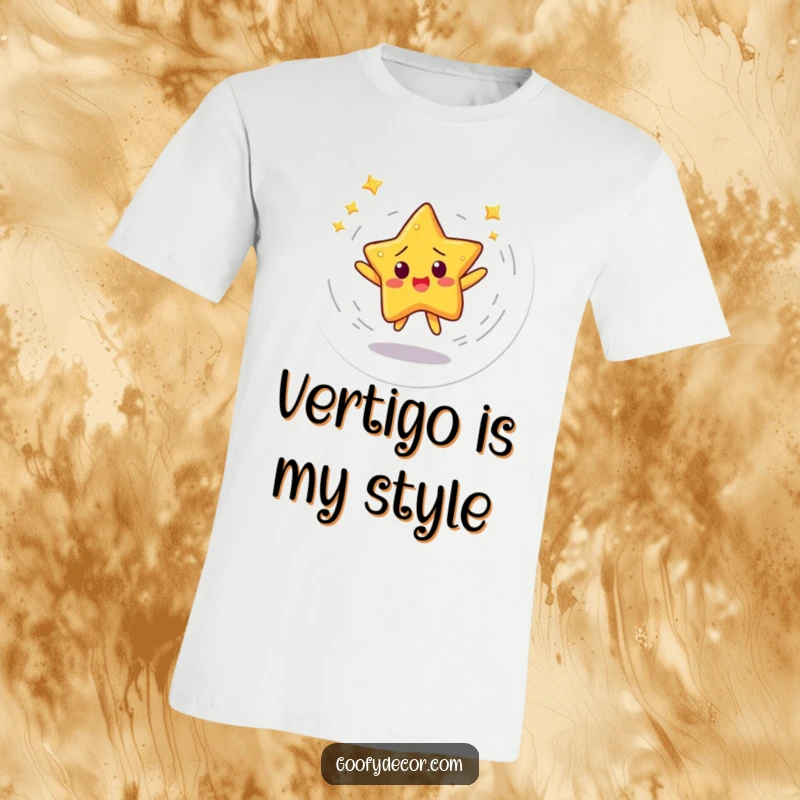 Funny t-shirt featuring a startled star character spinning rapidly in a dizzying dance, conveying surprise and energy.