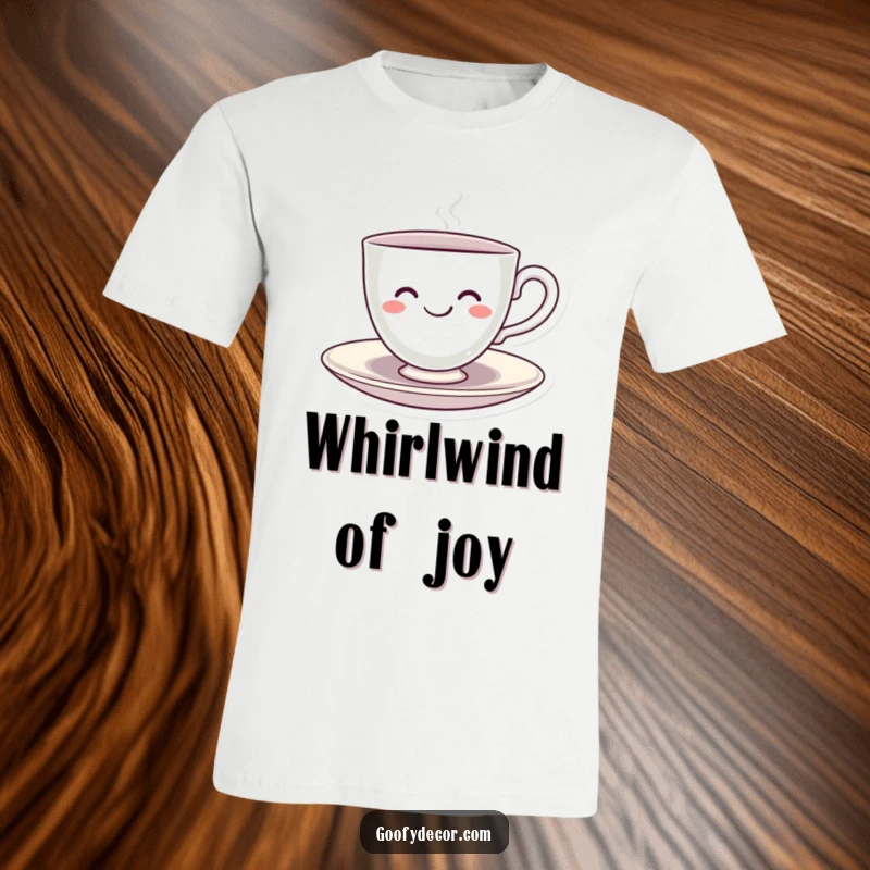 Funny Kawaii Teacup T-Shirt showing a smiling kawaii teacup character cheerfully spinning on its saucer, embodying playful energy and delight.