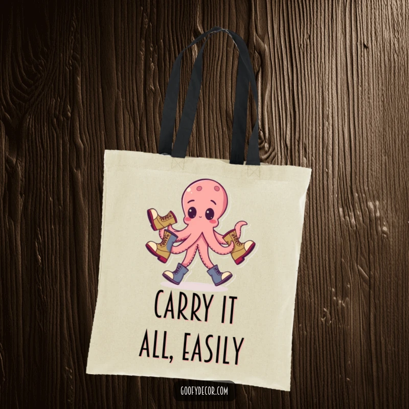 Funny octopus tote bag showcasing a goofy octopus juggling boots, a functional and humorous accessory for daily use.