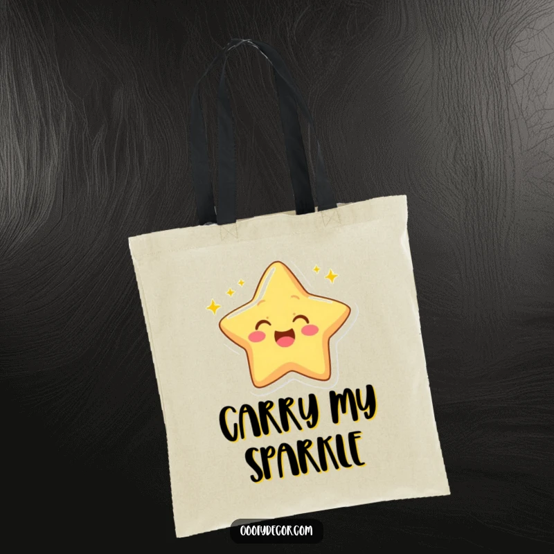 Funny tote bag showing a cheerful star character excitedly winking, with radiating twinkling rays.