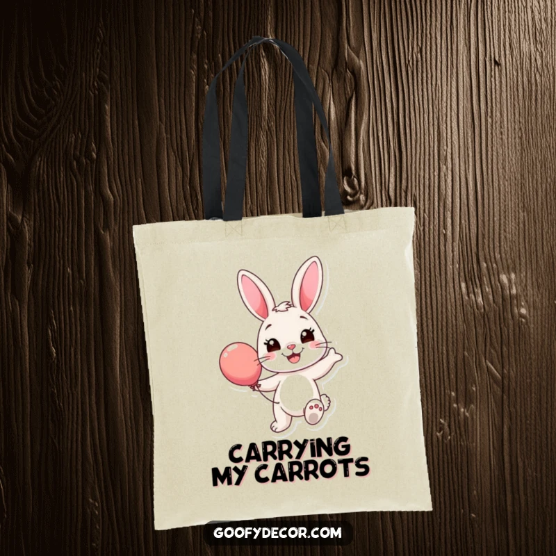Funny Bunny Balloon Tote Bag: A smiling bunny happily bounces a colorful balloon, perfect for carrying daily essentials with cheer.