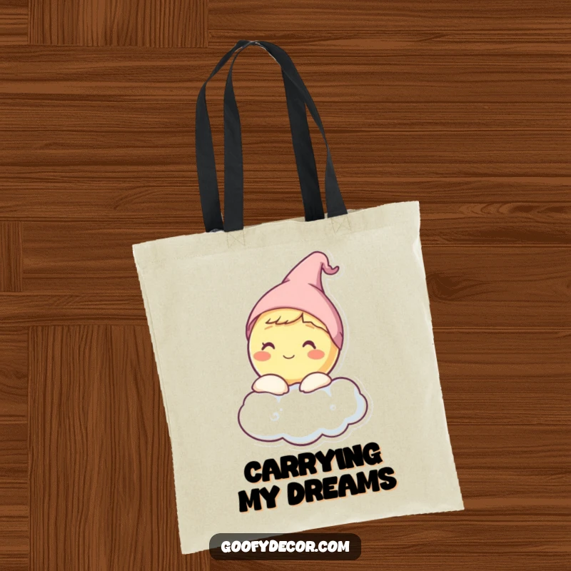 Funny tote bag showing a happy moon character wearing a sleep cap, peeking from behind a cloud.