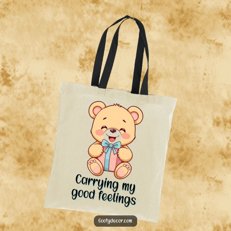 Funny cheerful teddy bear happily unwrapping a gift on a durable tote bag, perfect for carrying gifts and everyday items.