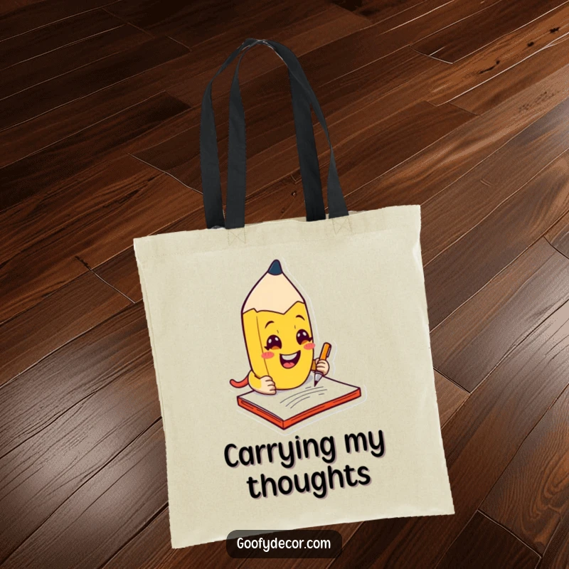 Funny kawaii mischievous pencil character grinning while scribbling on a notepad, on a tote bag.