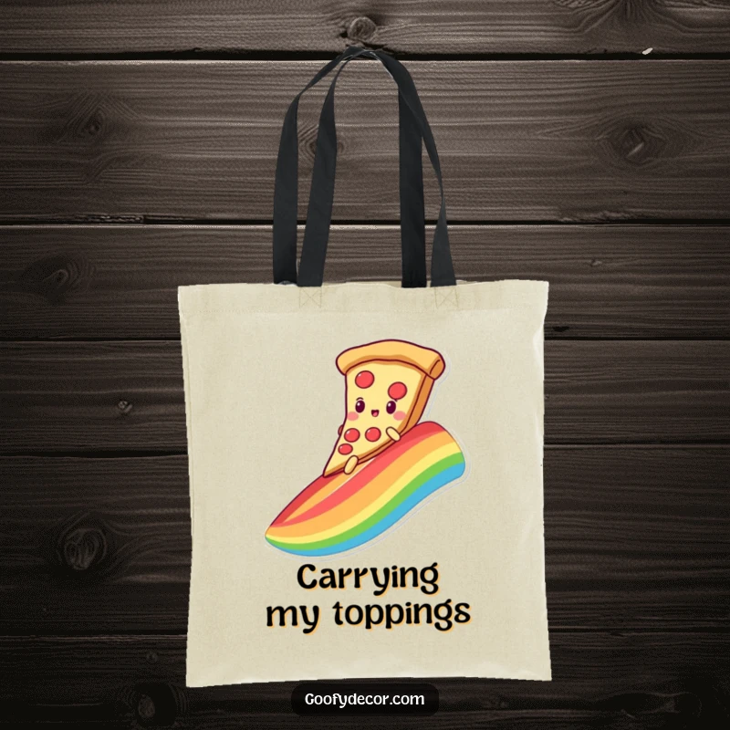 Funny tote bag showcasing a kawaii pizza character joyfully sliding down a rainbow on its slice, embodying tasty fun.
