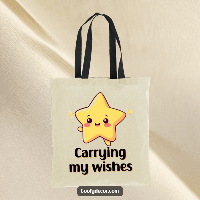 Funny tote bag depicting a cheerful shooting star character making a celestial wish with a shimmering trail.