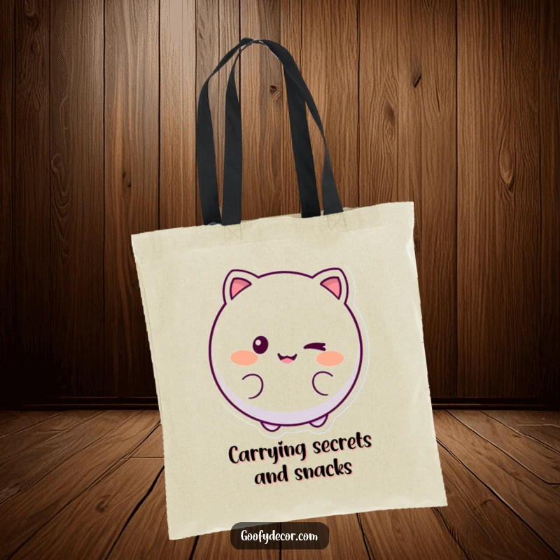 Funny tote bag showcasing a round, smiling character with a playful wink, ideal for carrying daily items with a cheerful flair.