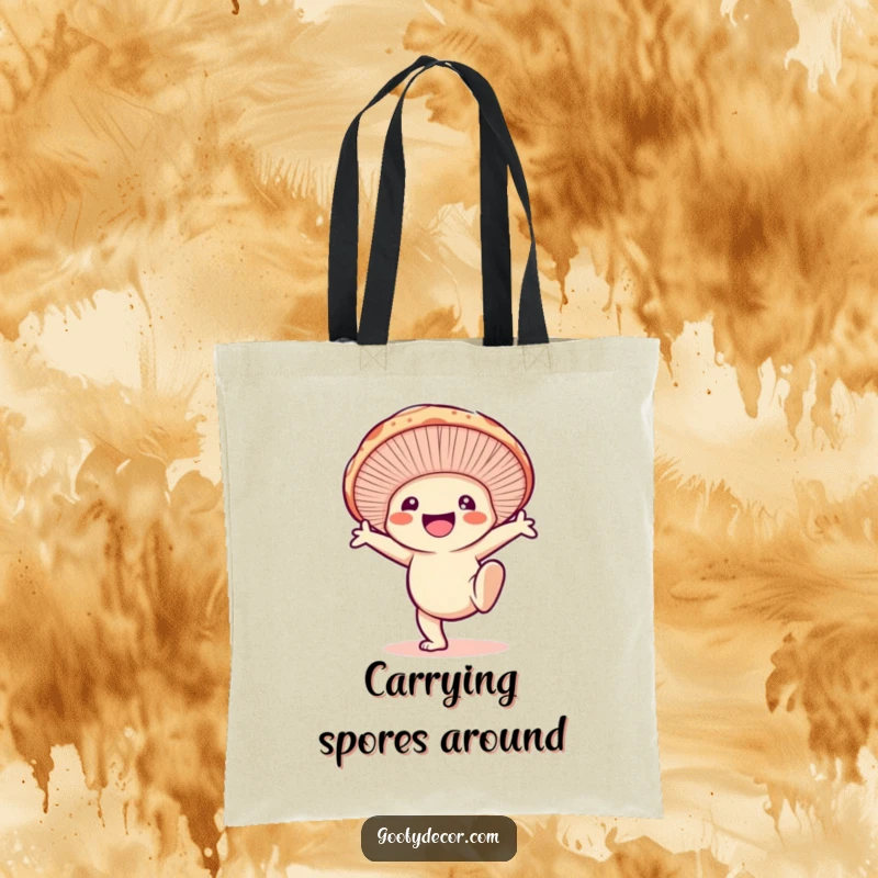Funny tote bag with a smiling mushroom doing a cartwheel, perfect for carrying items with playful, energetic flair.