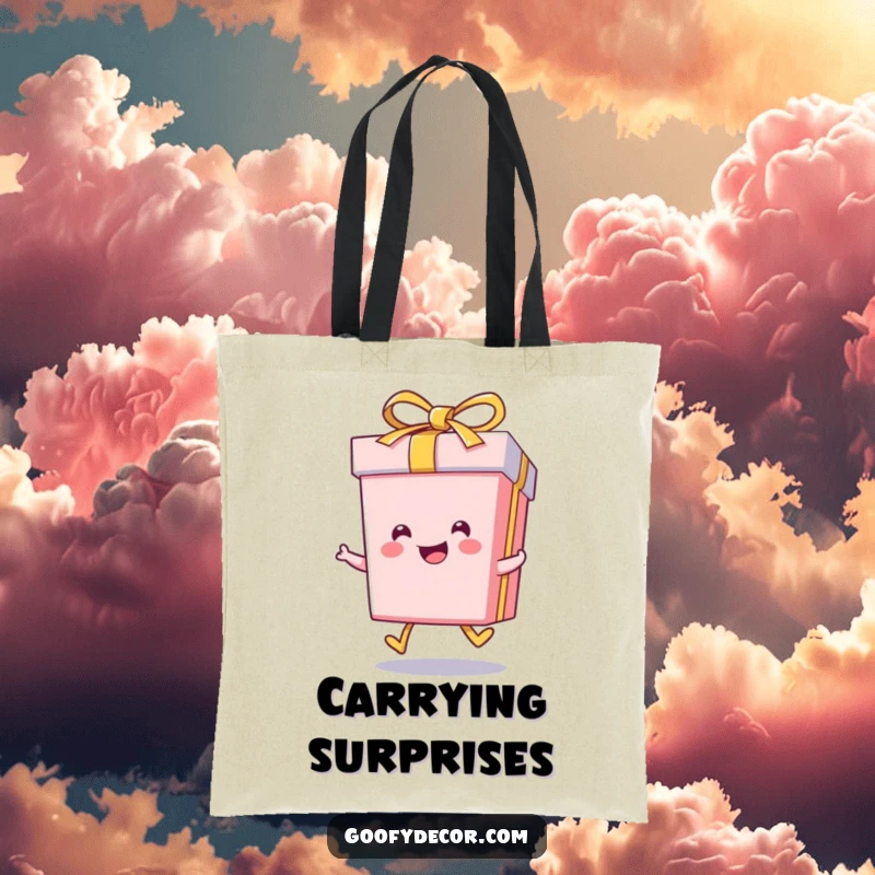 Funny kawaii smiling gift box shown skipping happily, on a durable and cheerful tote bag.